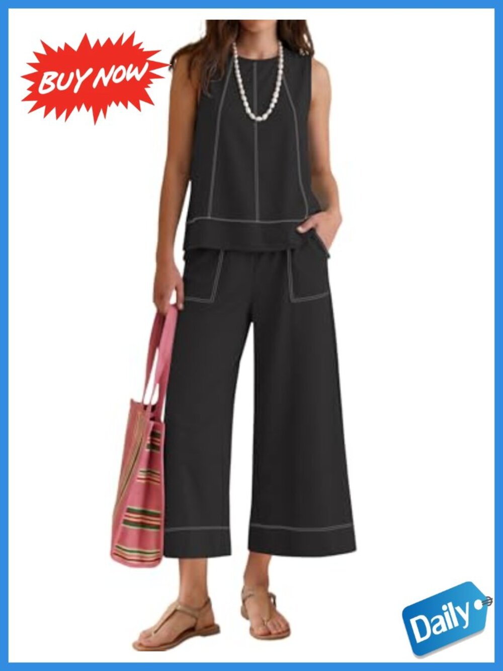 Sleeveless top & wide leg pants set with pockets, lightweight polyester spandex